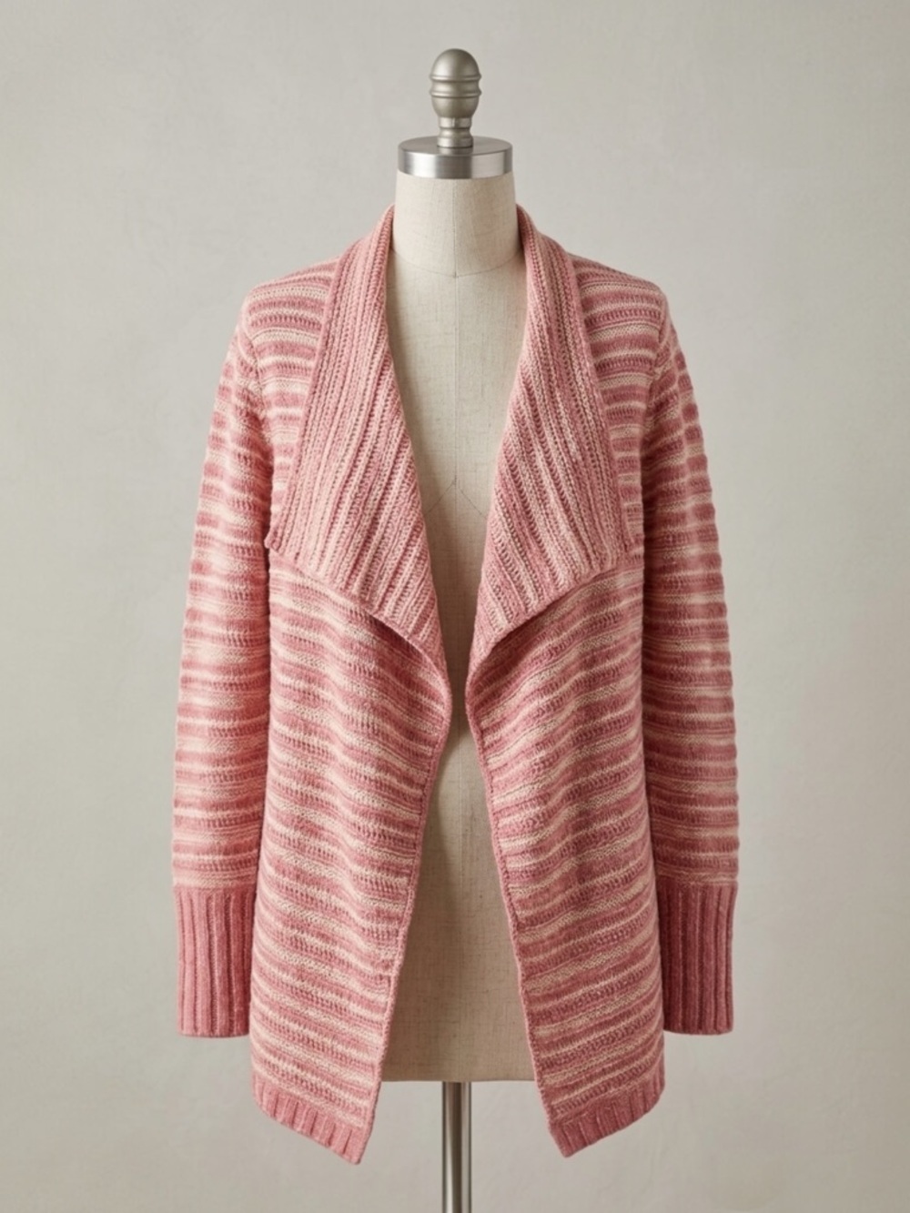 Susina Cardigan Sweater Pink Striped Open Front Shawl Collar Ribbed Knit Size PM